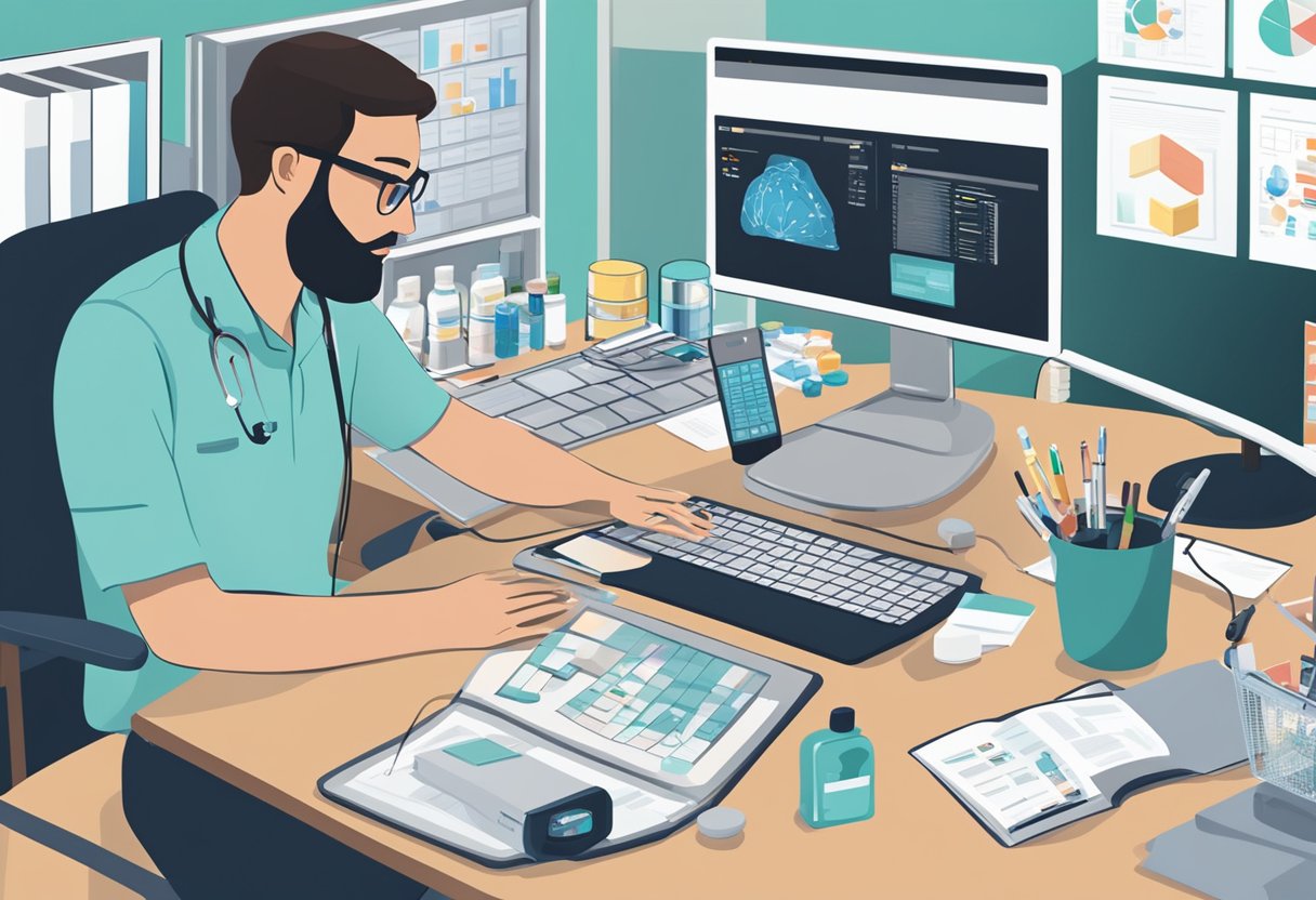 A person sitting at a desk surrounded by various resources and support materials for patients. A computer screen displays an online pharmacy selling Zopiclone