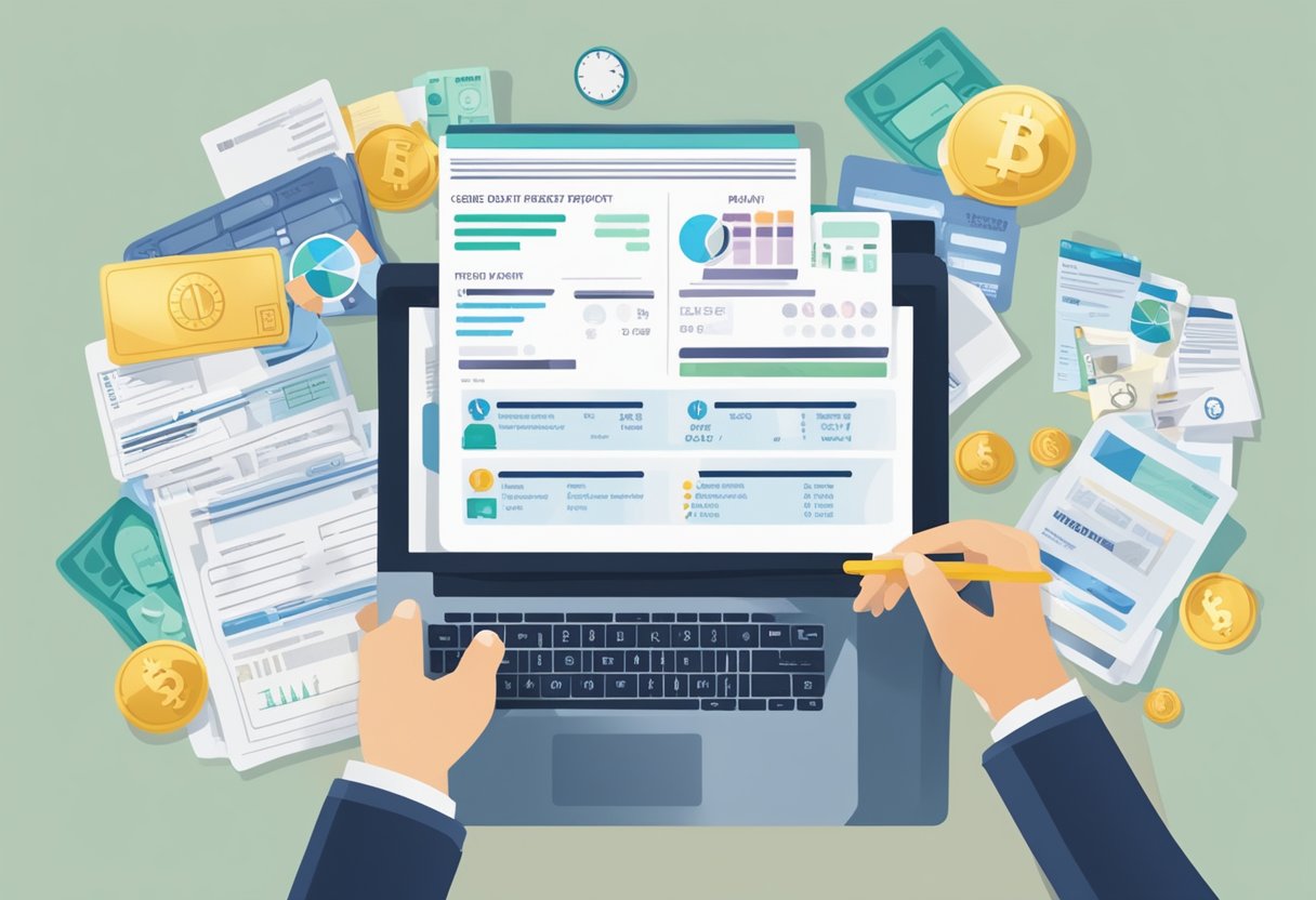 A person holding a credit report with a low score, surrounded by images of paying bills on time, reducing credit card balances, and disputing errors