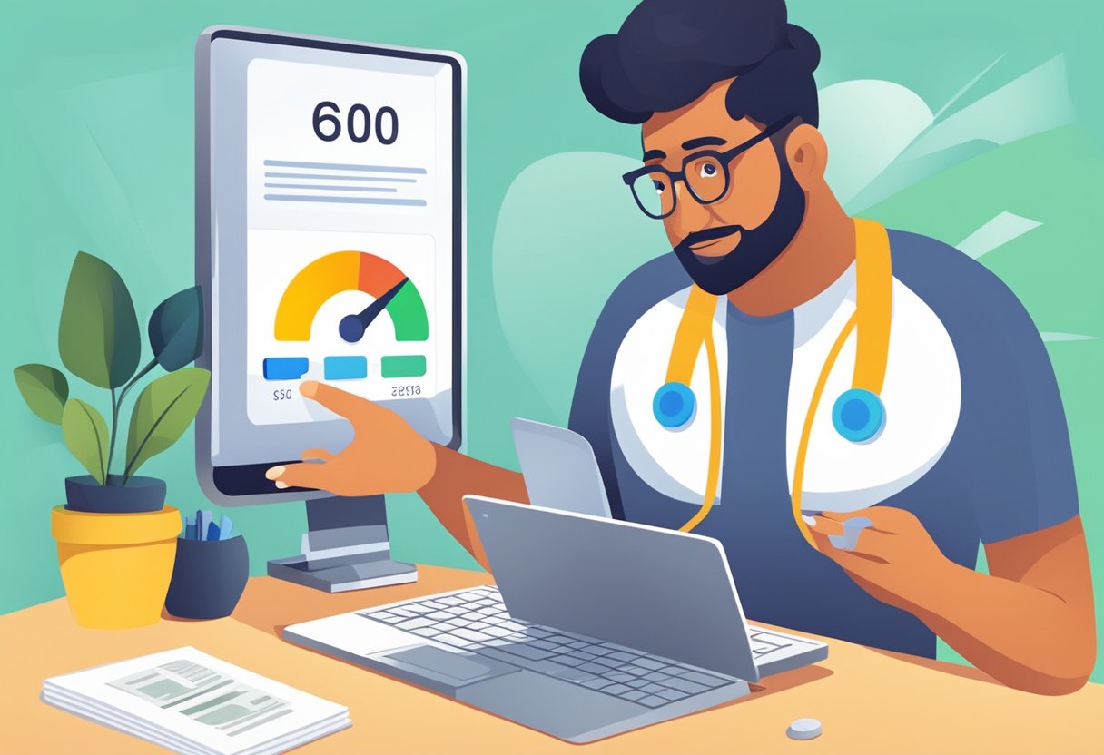 A person checking their credit score online and seeing it increase by 100 points