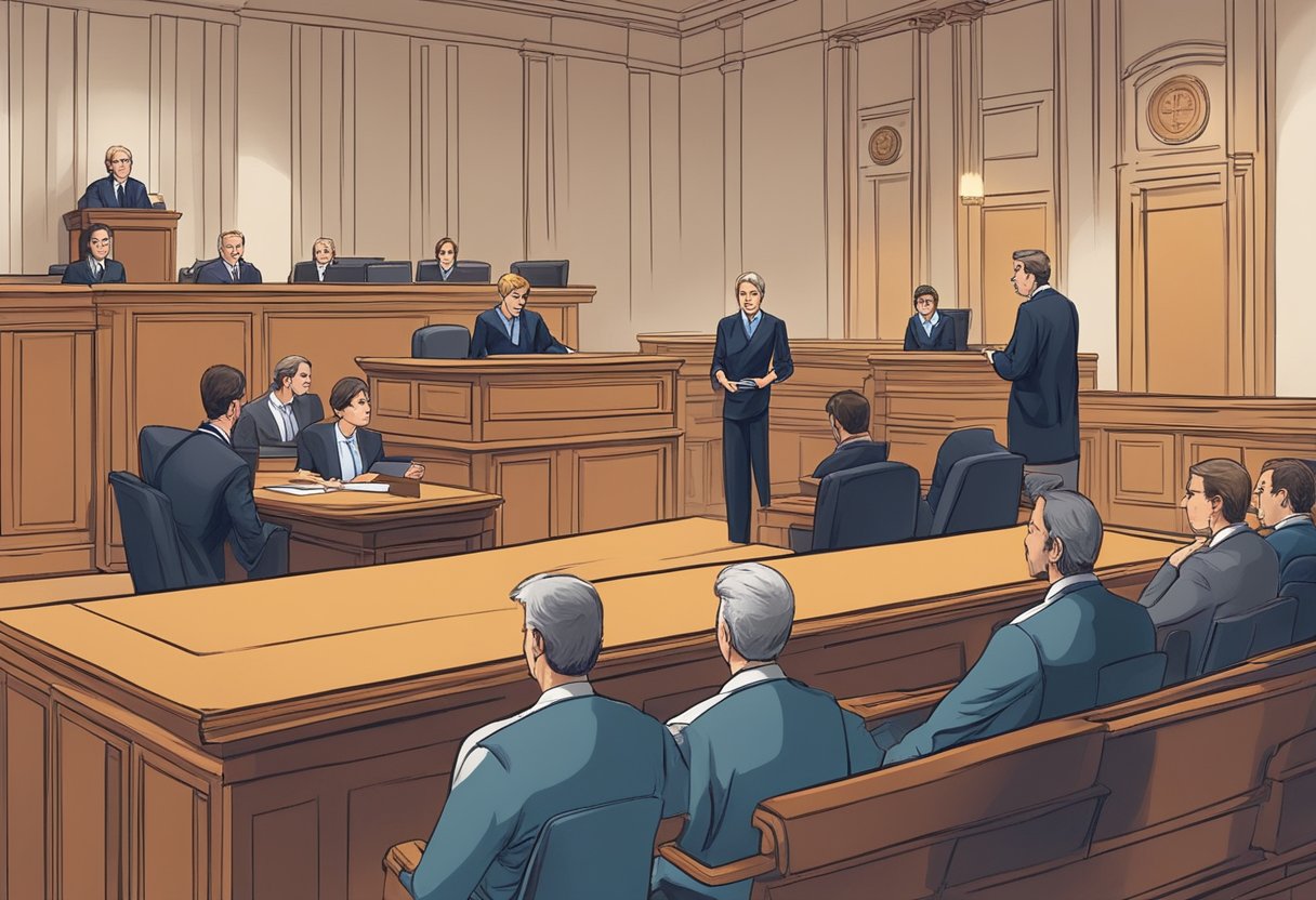 A courtroom with a judge presiding over a trial for credit card debt. Lawyers present evidence and arguments while the defendant and plaintiff await the verdict