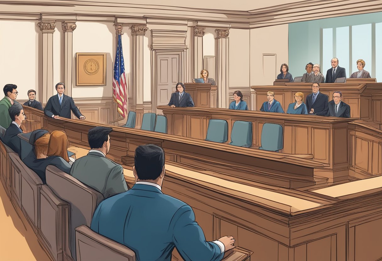 A courtroom scene: a judge presiding over a trial for credit card debt, with a plaintiff, defendant, and their respective legal representatives present