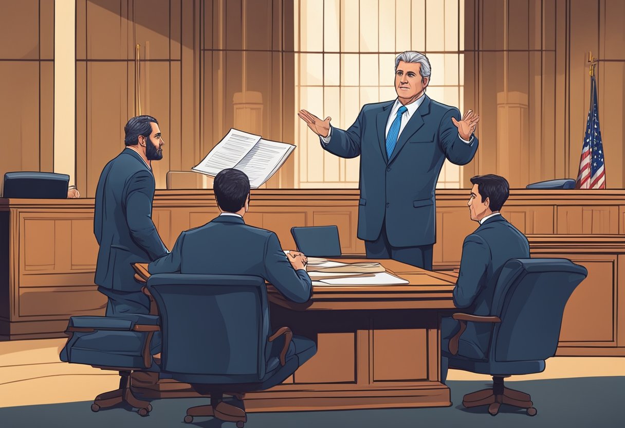 A courtroom scene with a judge presiding over a debt collection case, a plaintiff presenting evidence, and a defendant's lawyer making arguments