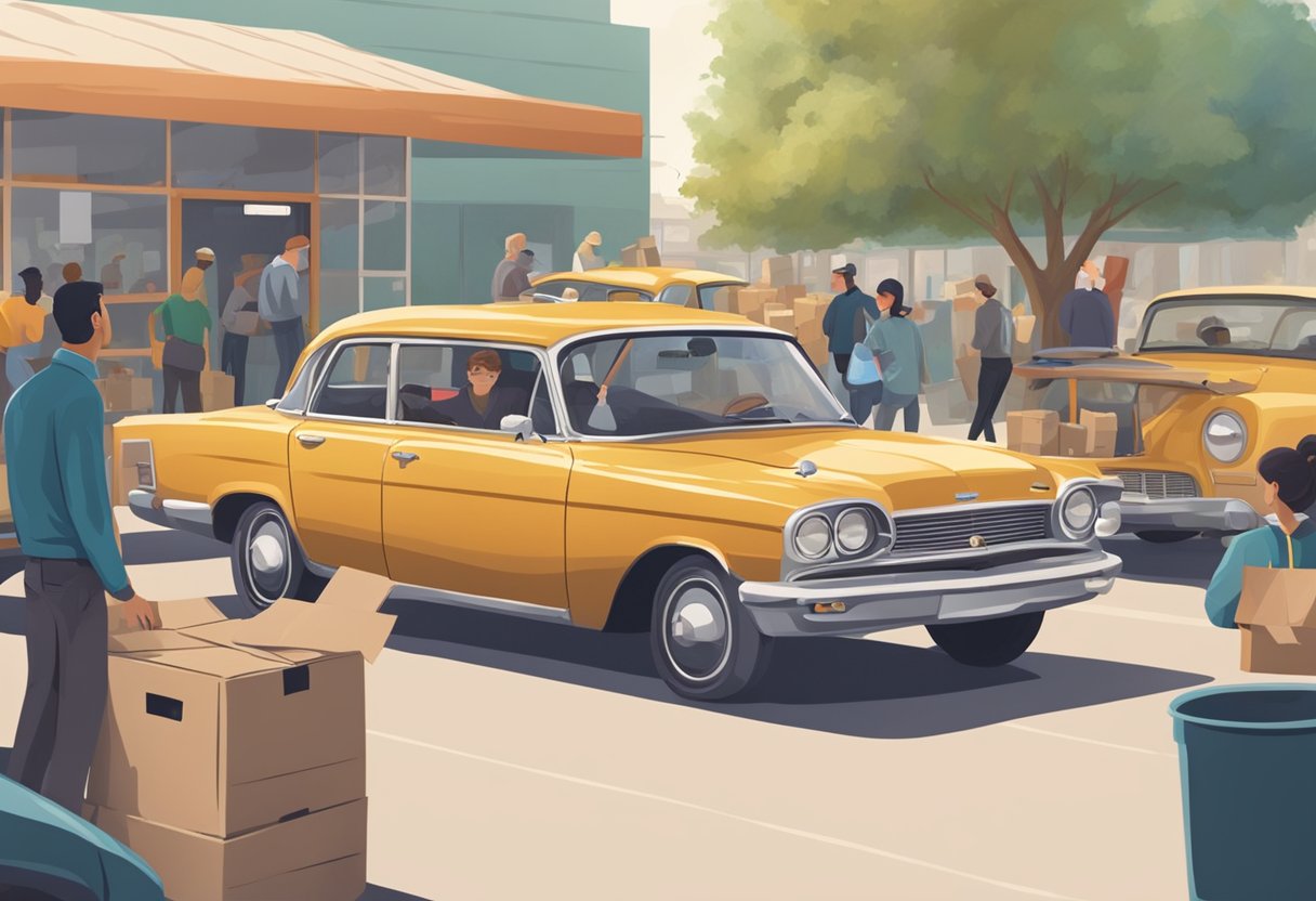 A person drives an old car to a donation center. The center is busy with volunteers accepting vehicle donations. Signs indicate the donation process