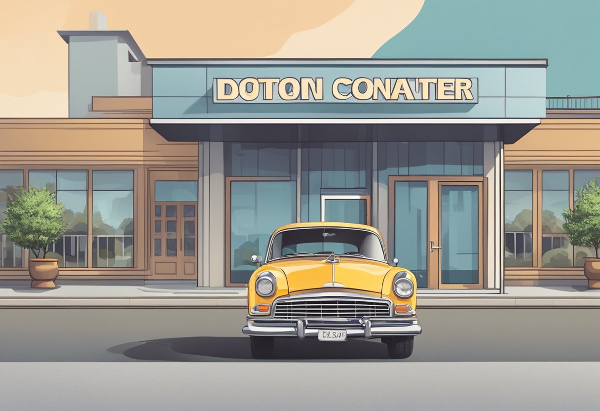 A person donates an old car to a charity organization. The car is parked in front of a building with a sign indicating it is a donation center