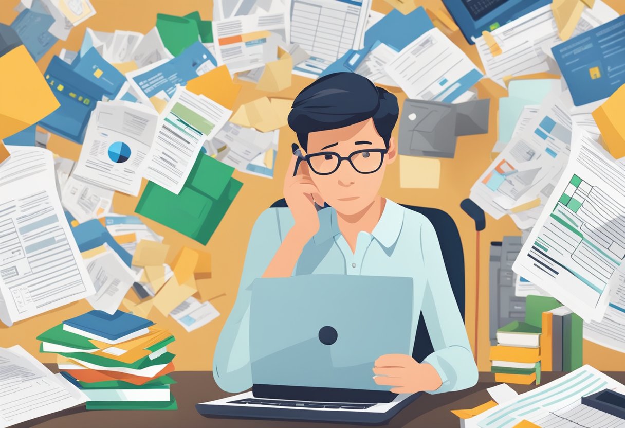 A person reviewing their credit report with a worried expression, surrounded by bills and financial documents