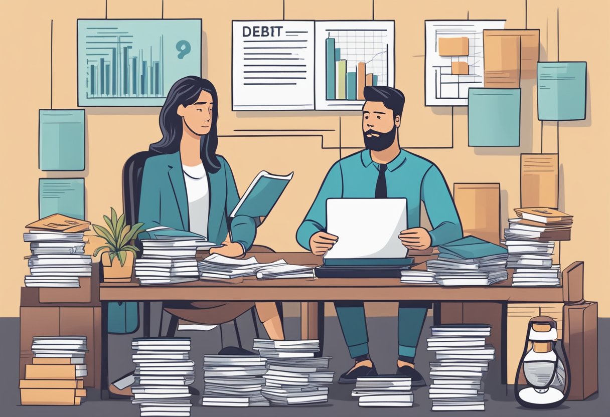 A person weighing the pros and cons of debt consolidation, surrounded by financial documents and charts