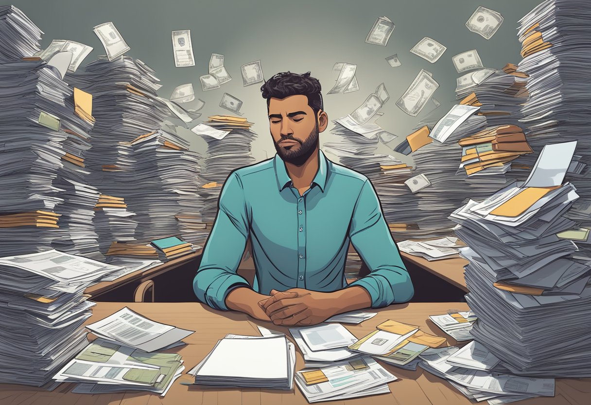 A person sits at a desk, surrounded by piles of bills and credit card statements. They look worried and stressed as they consider the benefits and risks of debt consolidation