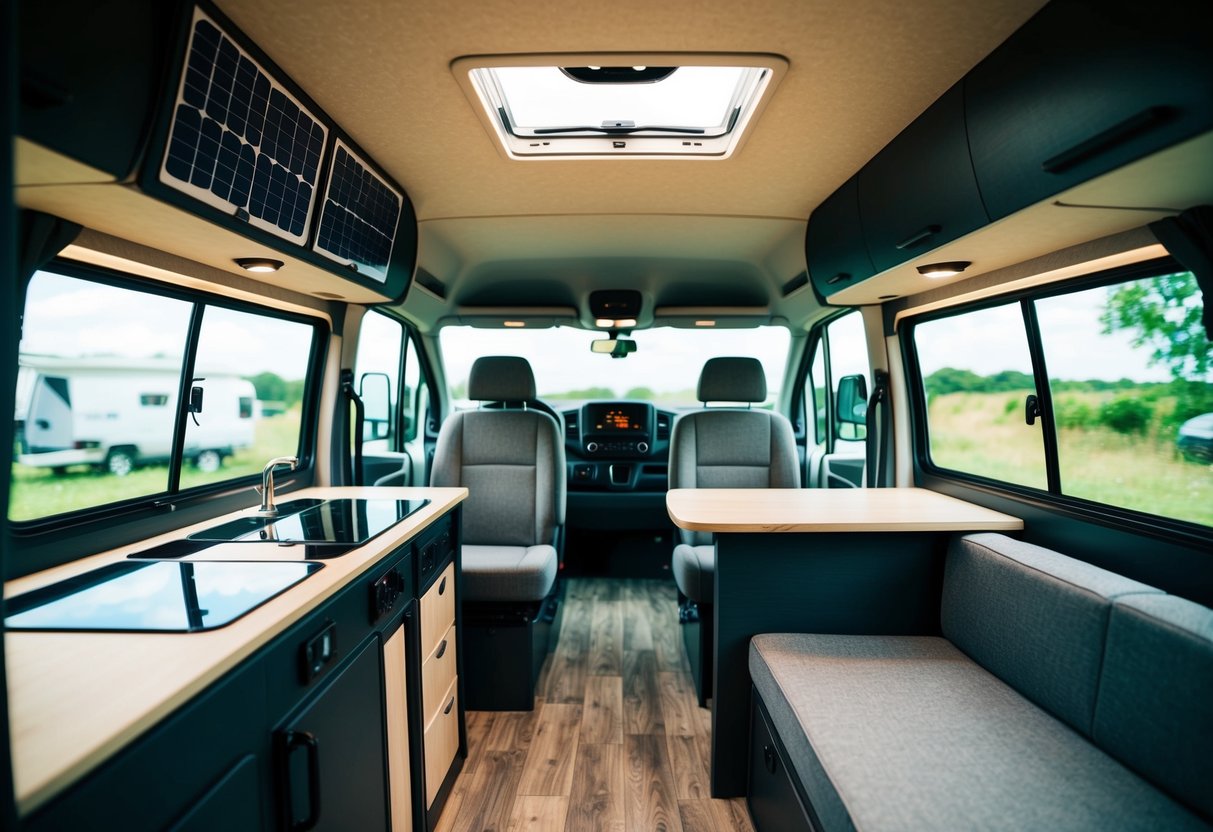 Ein Wohnmobil-Interieur mit integrierten Solarpaneelen, gemütlichen Sitzgelegenheiten, Staufächern, einem ausklappbaren Bett und einer kleinen Küchenzeile