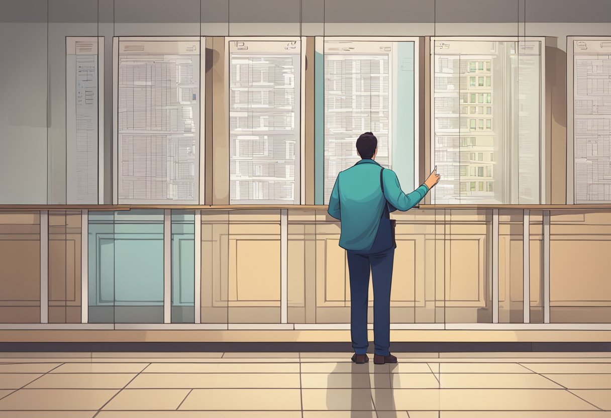 A person standing in front of a courthouse, looking at a list of case numbers posted on the wall, trying to find their own