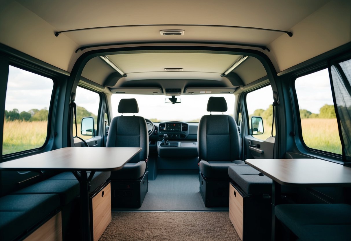 Ein Wohnmobil-Interieur mit abnehmbarer Markise, gemütlichen Sitzgelegenheiten, Staufächern und einem ausklappbaren Tisch zum Essen oder Arbeiten