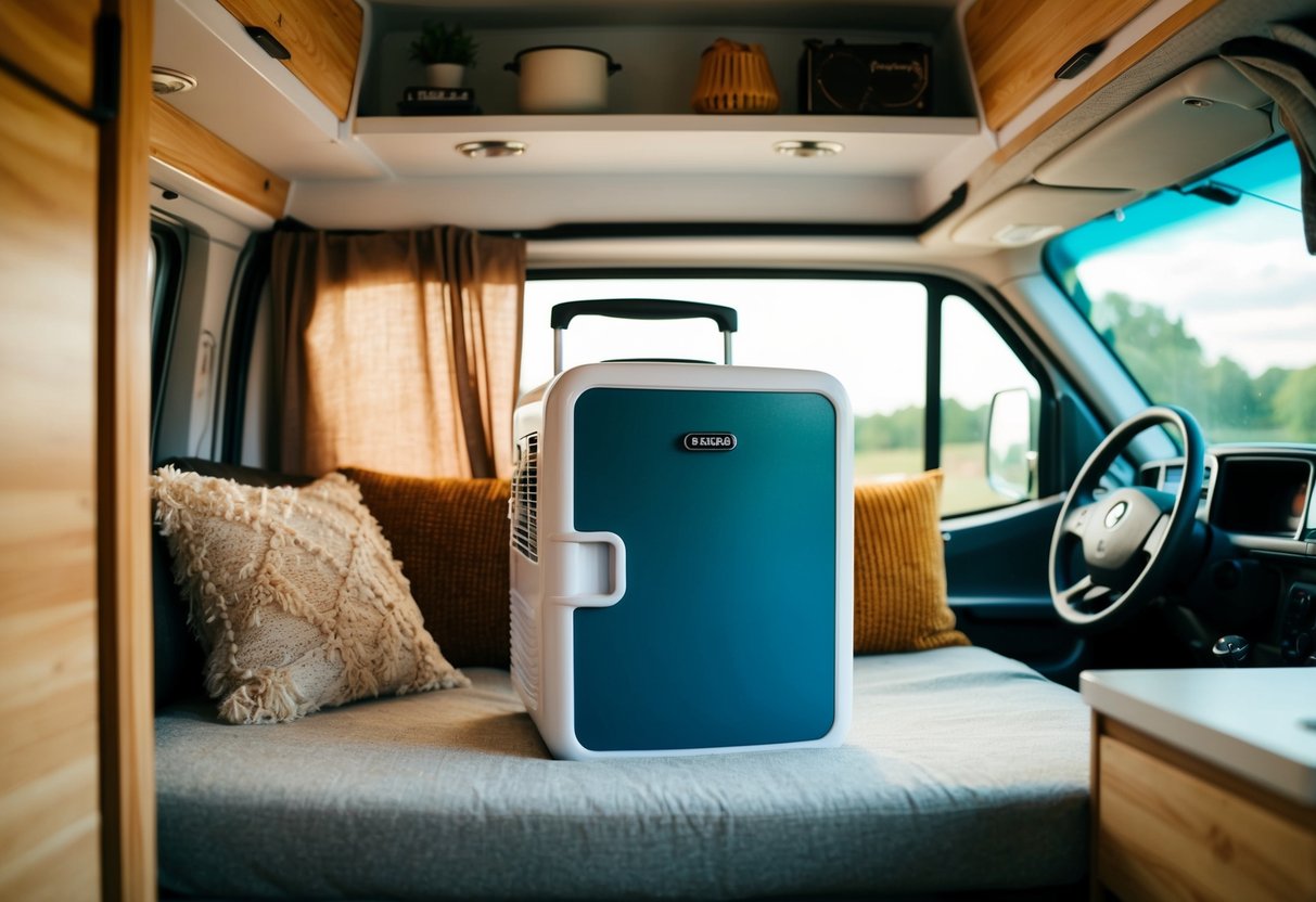 Ein tragbarer Minikühlschrank befindet sich in einem Wohnmobil, umgeben von einer gemütlichen Inneneinrichtung. Regale, Vorhänge und andere wichtige Dinge für den Transporter runden das Ganze ab