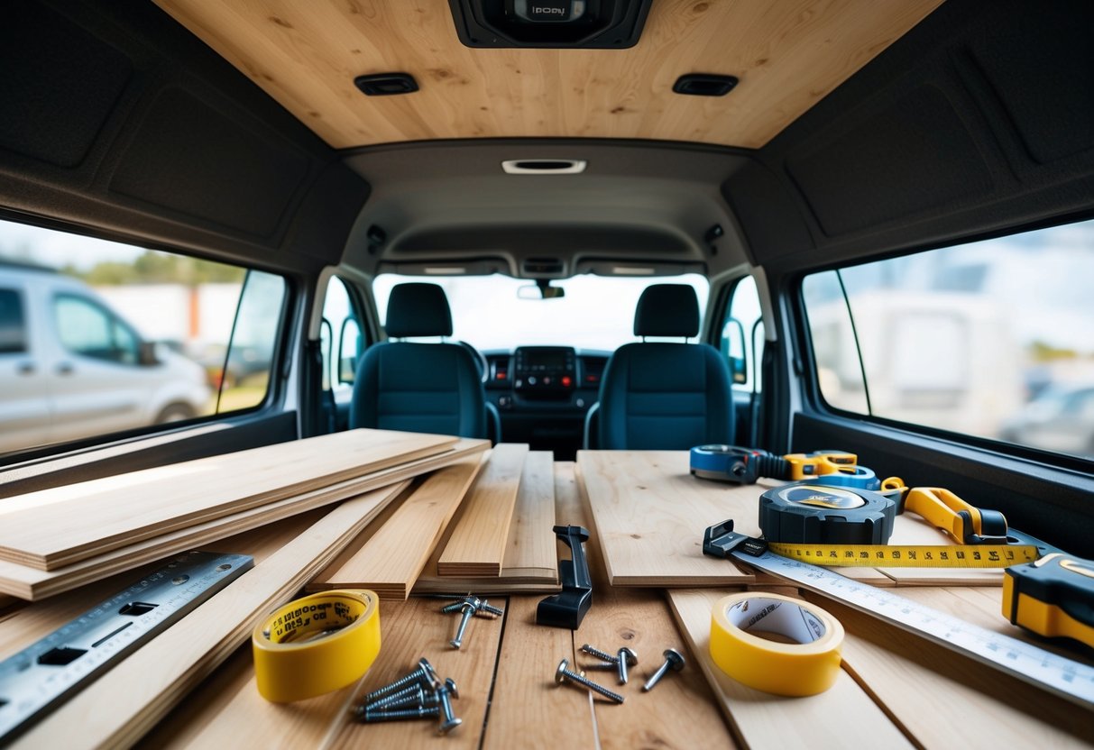 Ein Wohnmobil-Interieur mit verschiedenen Materialien und Werkzeugen zum Umbau. Holzplatten, Schrauben, Maßband, Säge und andere Baugeräte liegen verstreut herum