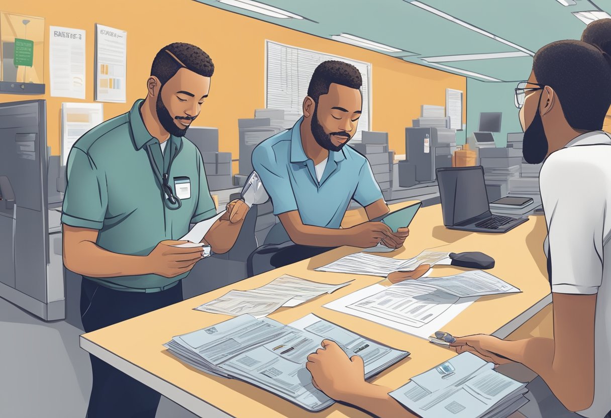 A person filling out paperwork at a DMV office, handing over car keys to a staff member. Signs and posters about tax benefits and donation guidelines are visible