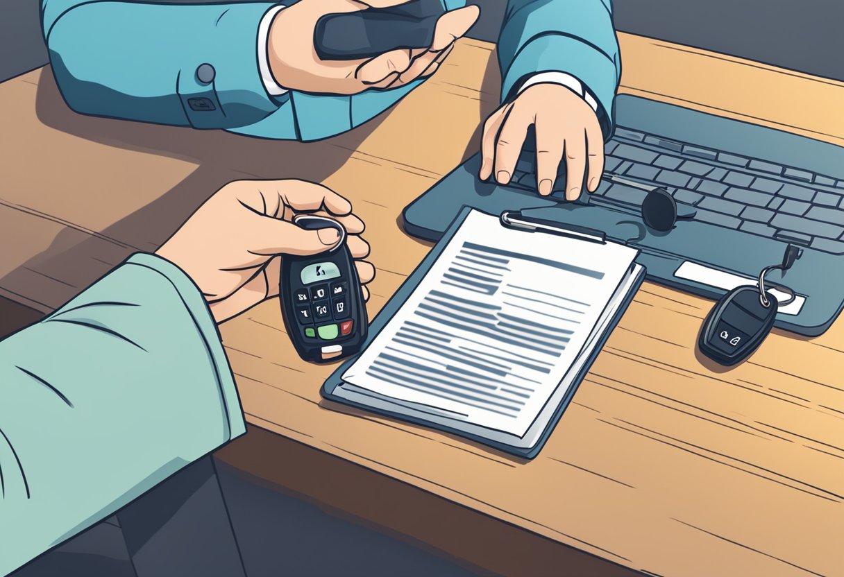 A person handing over car keys to a DMV representative at a desk
