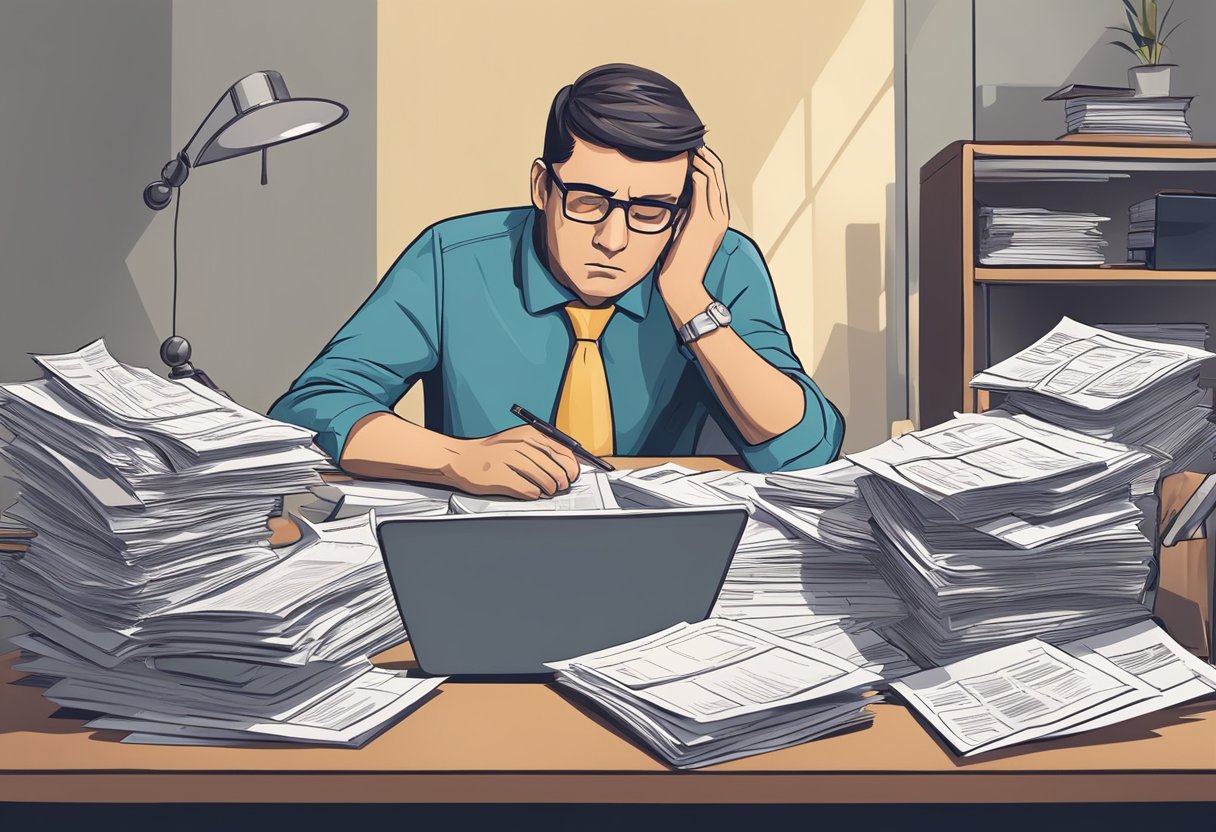 A person sitting at a desk, surrounded by paperwork and financial statements. They are looking stressed and overwhelmed as they try to figure out how to consolidate their debts with bad credit