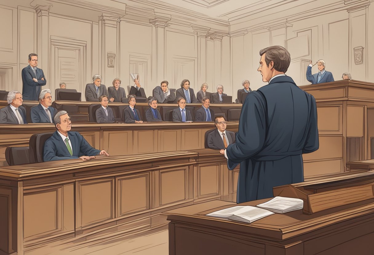 A courtroom with a judge presiding over a case, a lawyer presenting evidence, and a debtor being ordered to pay a debt