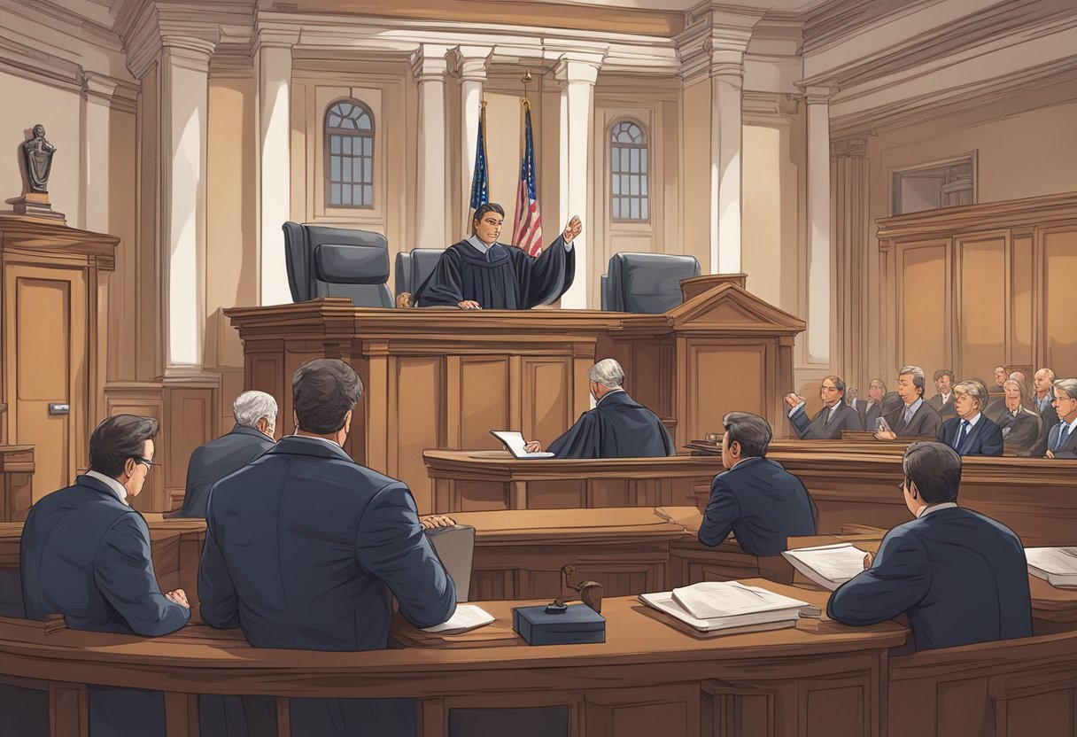 A courtroom with a judge presiding over a case, lawyers presenting evidence, and a debtor being questioned about their financial situation