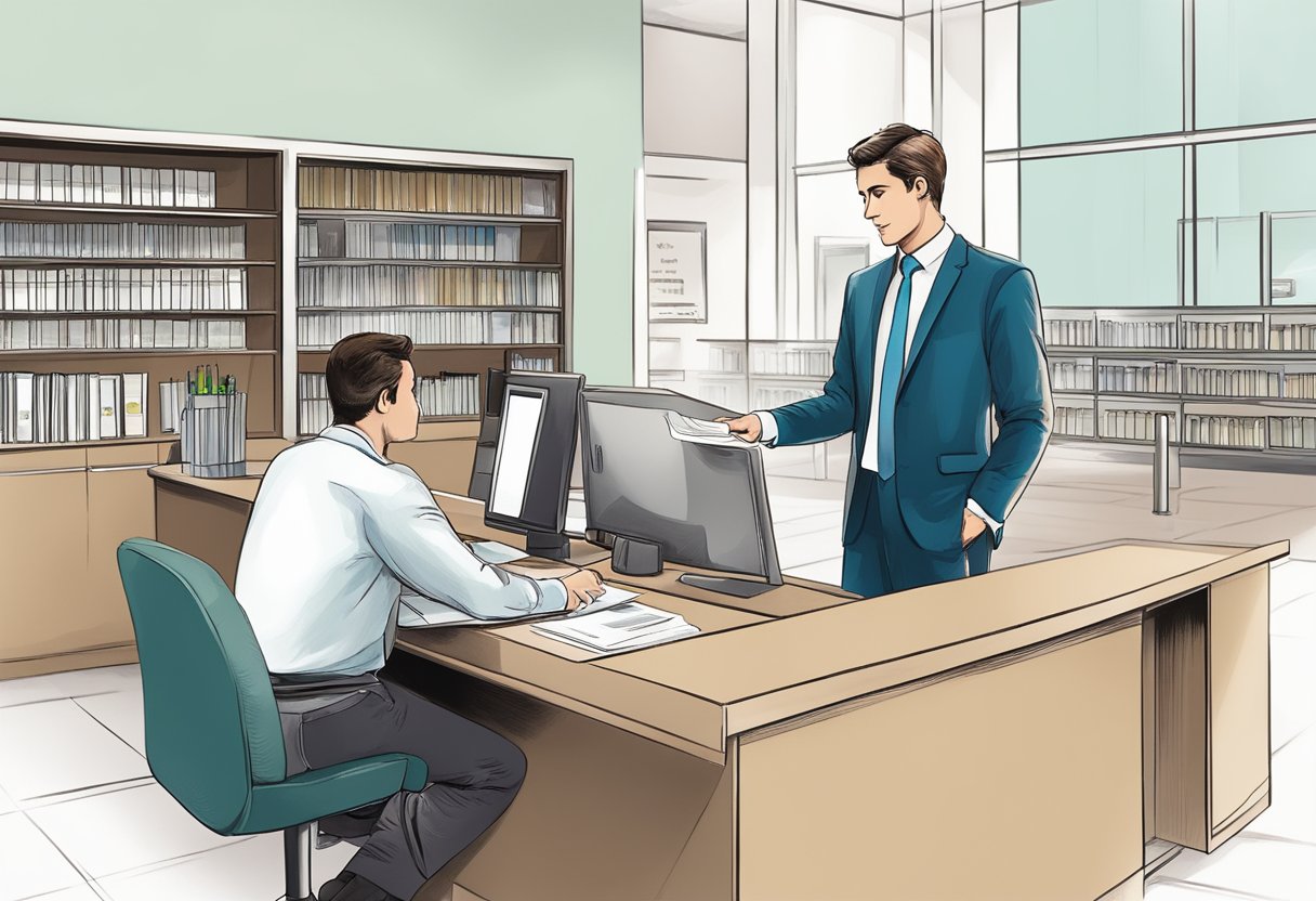 A person at a bank desk, handing over documents and identification to a bank representative