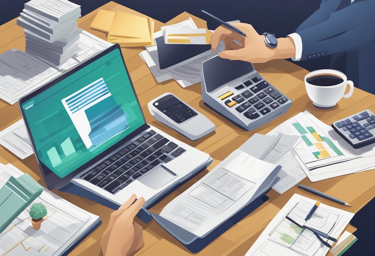 A person researching on a laptop, surrounded by financial documents and a calculator