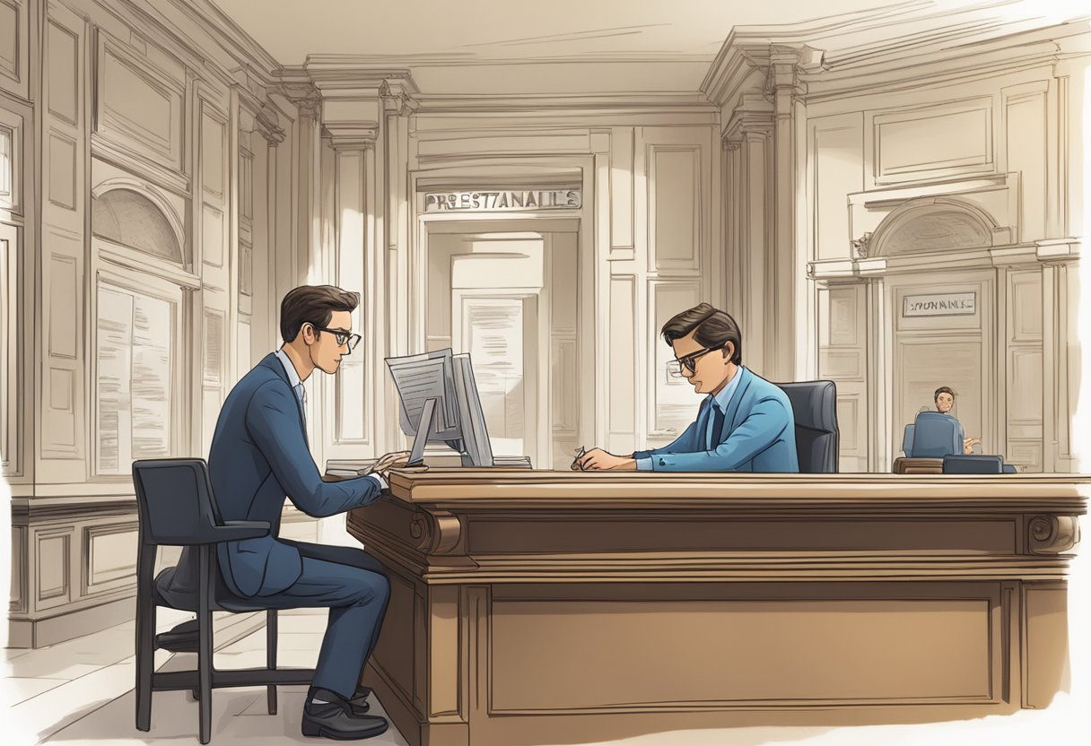 A person at a bank desk, filling out paperwork. A sign with "Préstamos Personales" is visible. The banker is explaining terms to the person