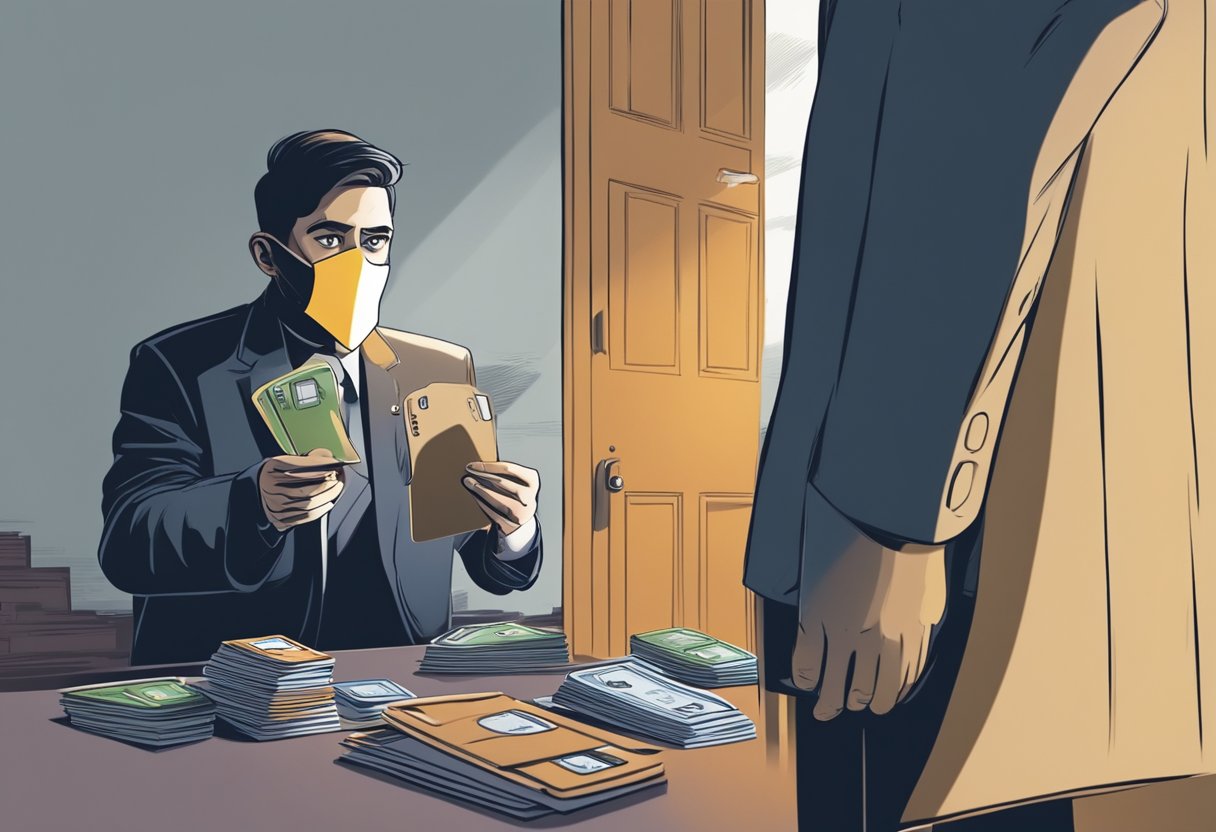 A person holding a broken credit card while a shadowy figure lurks in the background, representing the threat of fraud and scams