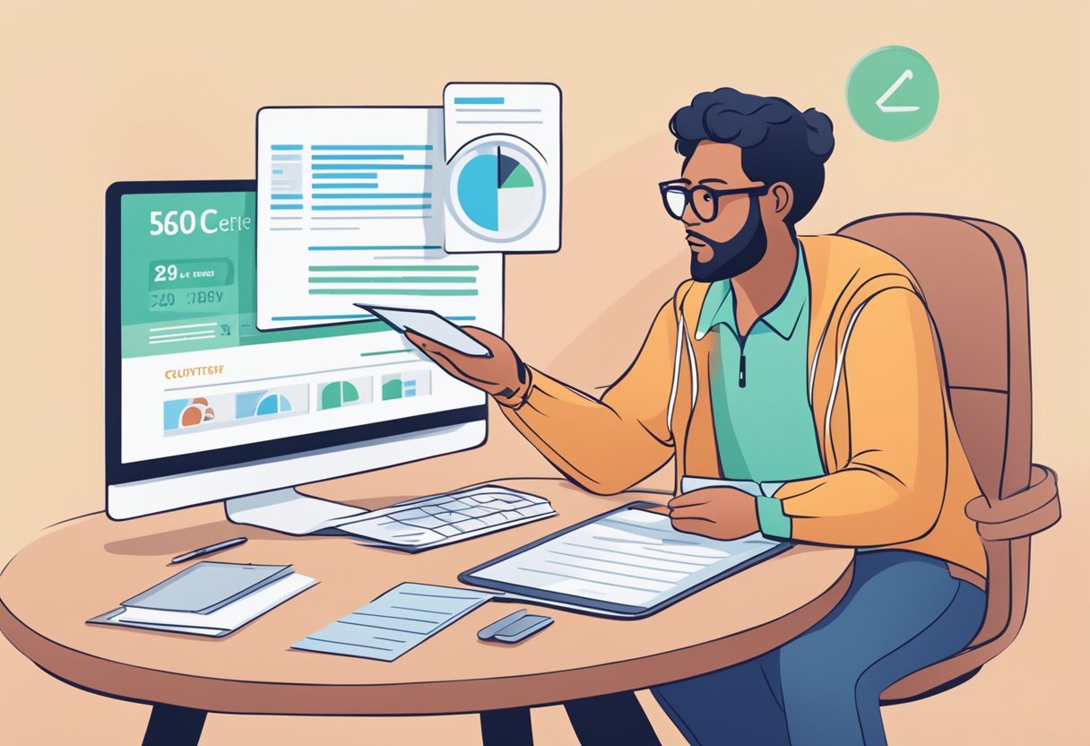 A person checking their credit score online, surrounded by legal documents and consumer rights information