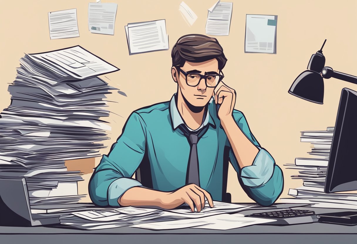 A person sitting at a desk, surrounded by paperwork and a computer, looking frustrated while trying to figure out how to obtain a personal loan without a social security number