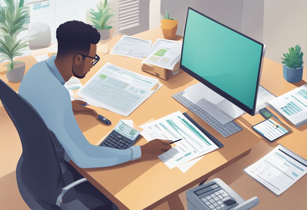 A person sitting at a desk, filling out a loan application form. They are surrounded by financial documents and a computer showing different loan options
