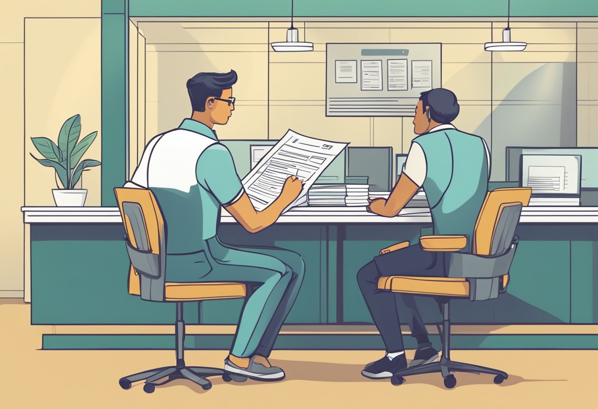 A person fills out a loan application form at a bank. The loan officer reviews the application and approves it. The person receives the funds and signs a contract