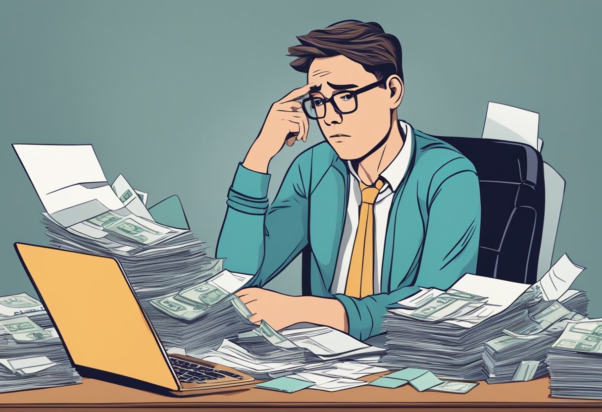 A person sitting at a desk surrounded by credit card bills and financial documents, with a worried expression on their face