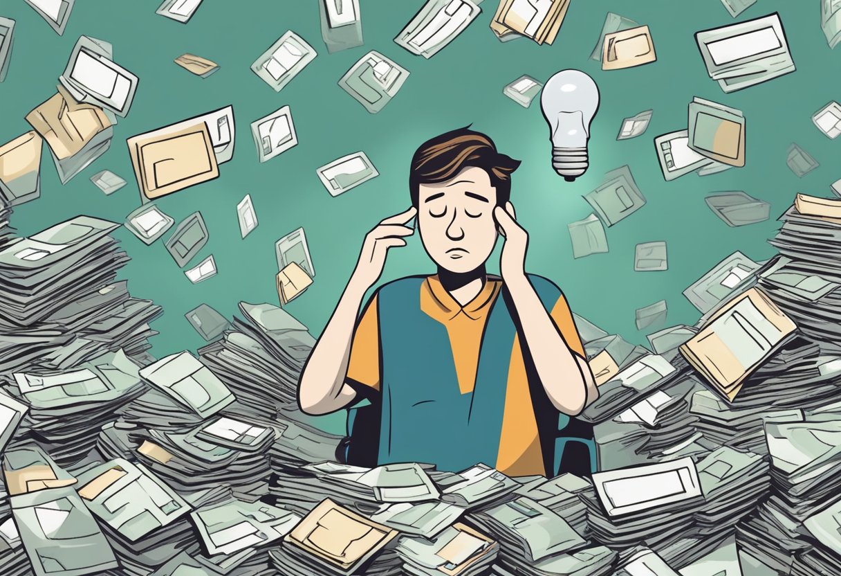 A person surrounded by piles of credit card bills, looking stressed. A light bulb above their head indicates a moment of realization or idea for debt relief strategies