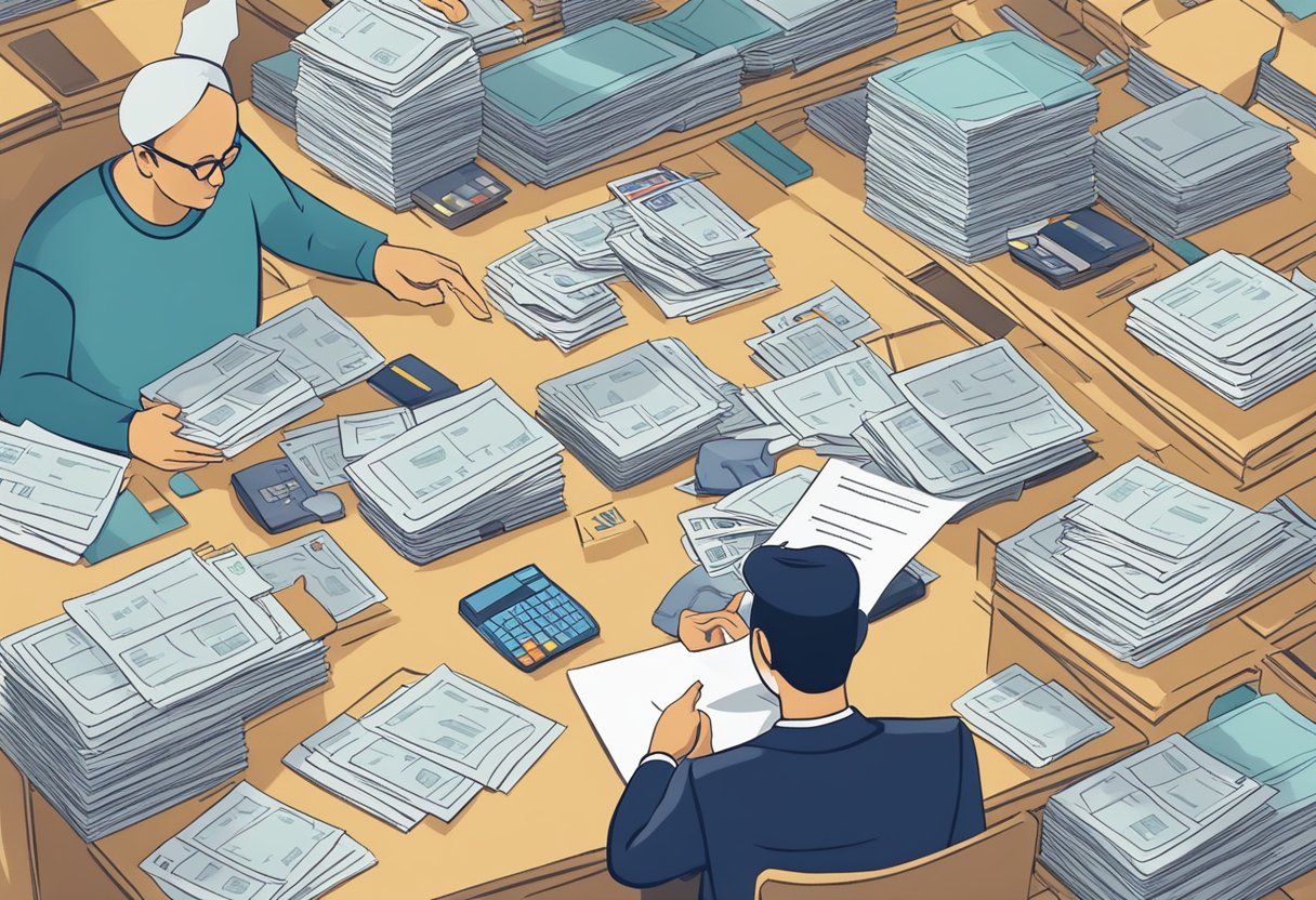 A person receiving a letter of debt forgiveness for credit cards, surrounded by stacks of unpaid bills and a calculator