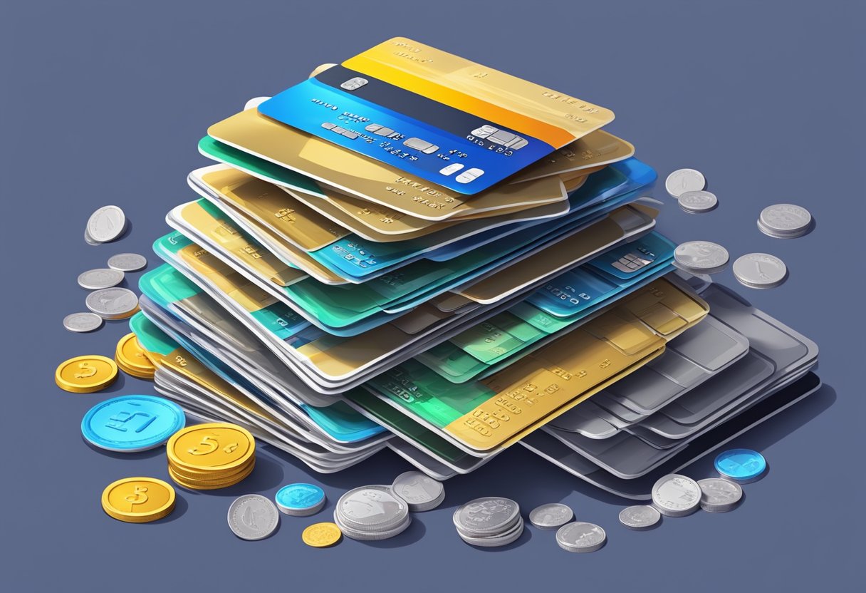 A stack of credit cards with increasing numbers of bills and coins piling up on top, symbolizing accumulating credit card debt statistics