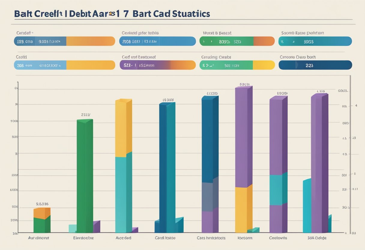 A bar graph shows credit card debt statistics. The bars display varying levels of debt, with labels along the x-axis indicating different categories
