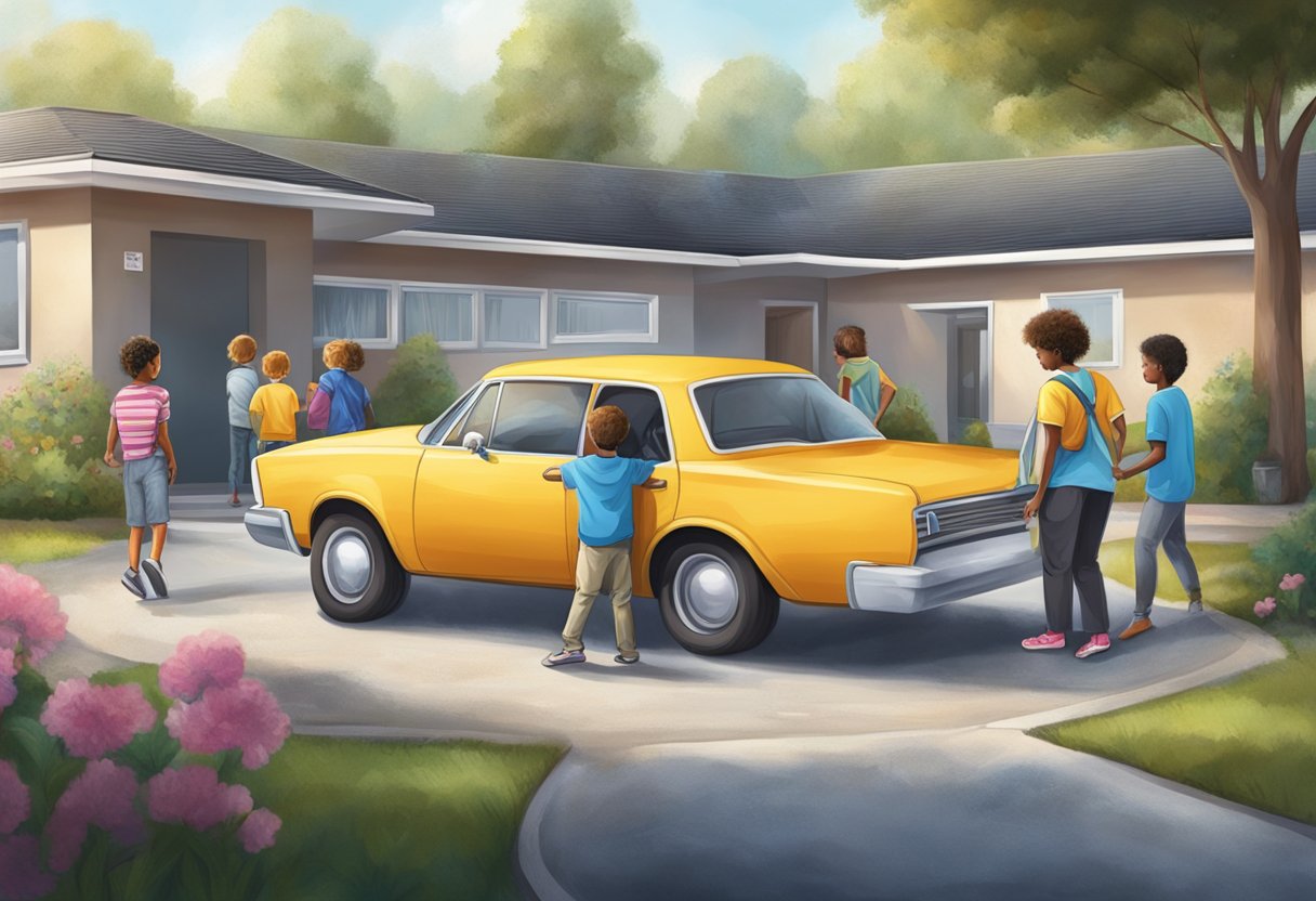 A car being towed away by a charity organization, with children with cancer in the background receiving support and care