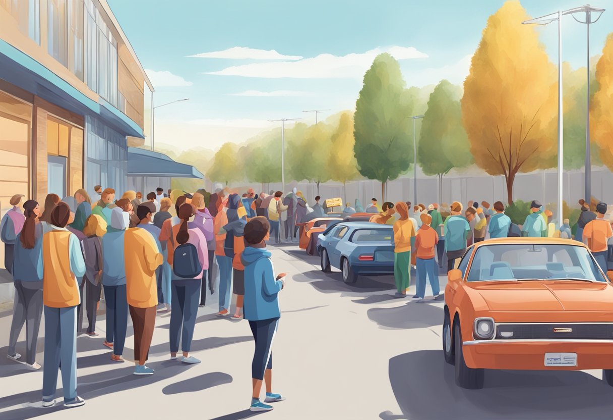 A community event with people donating cars to support children with cancer. A line of cars forms outside a donation center, with volunteers collecting keys and paperwork