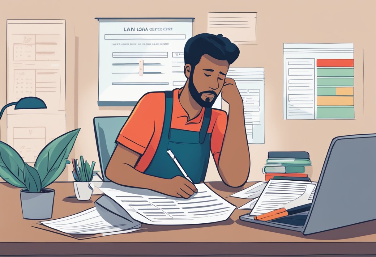 A person filling out a loan application form with a red "X" over a credit score. They are looking frustrated while trying to figure out how to obtain a personal loan with bad credit