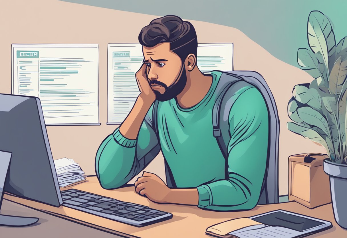 A person with a worried expression looks at a computer screen displaying financial terms and conditions for personal loans with bad credit