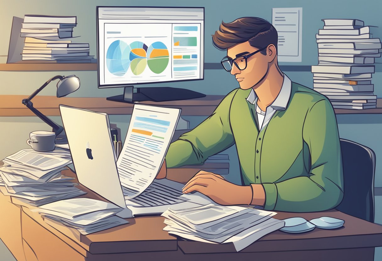 A person with bad credit explores loan options online, surrounded by financial documents and a computer