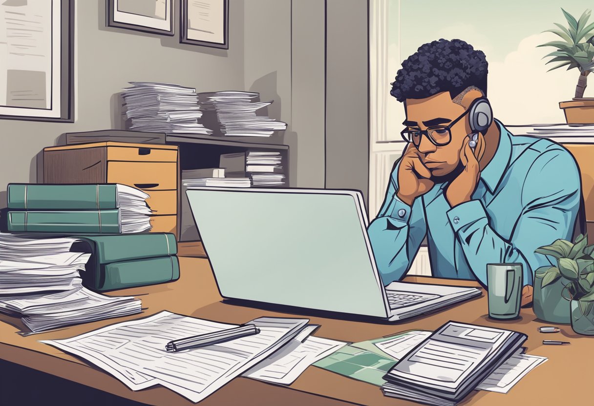 A person reading loan terms with a worried expression, surrounded by financial documents and a laptop