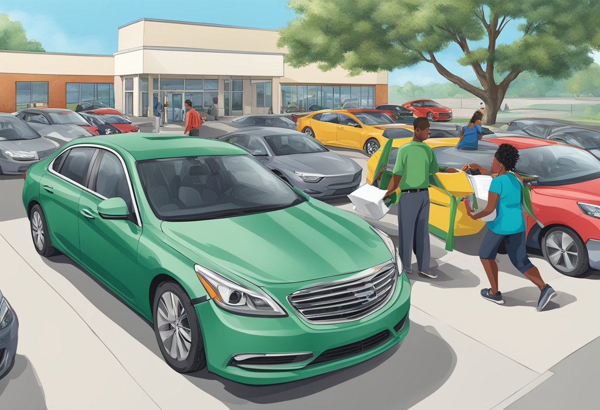 A person drives a car to a St. Jude donation center. An attendant accepts the vehicle and provides paperwork. The car is then parked with other donated vehicles