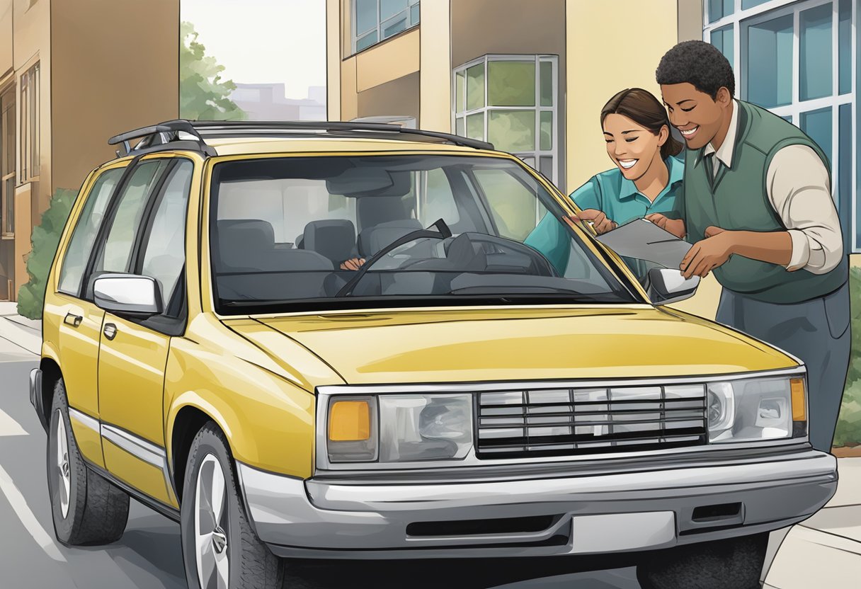 A person donates a car to St. Jude. A representative assists with the paperwork and hands over the keys. The car is then driven away by a St. Jude employee