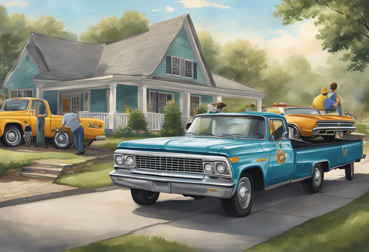 A car being towed away from a donor's home, with a St. Jude logo on the tow truck, surrounded by a supportive and grateful atmosphere