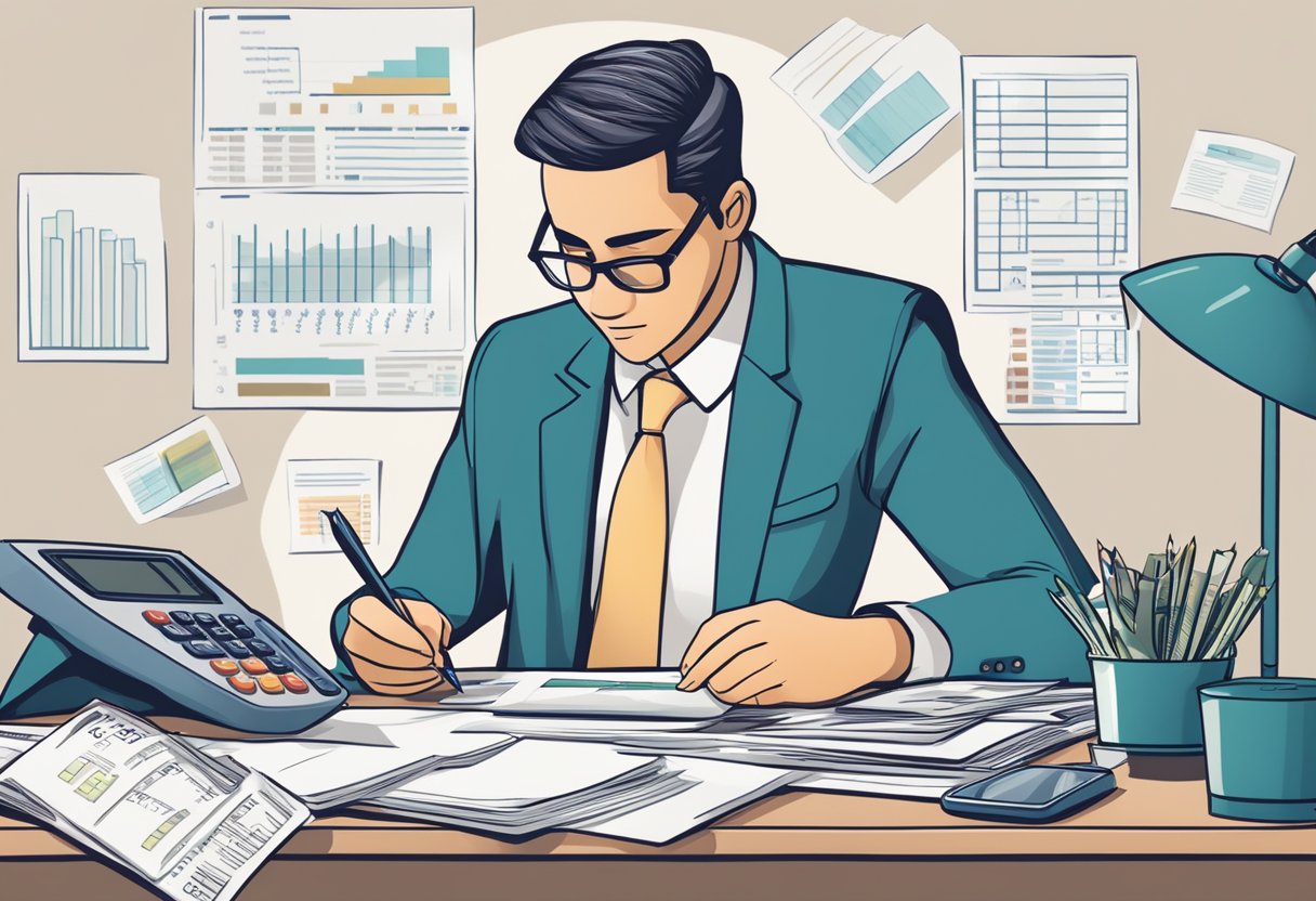 A person sitting at a desk with a calculator, pen, and paper, surrounded by financial documents. They are focused on calculating a personal loan