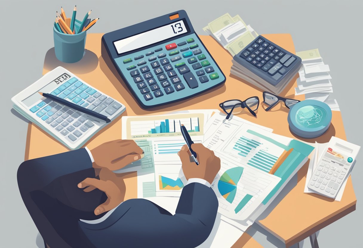 A person at a desk with a calculator, pen, and paper. They are focused on calculating the cost of a personal loan, with various financial documents spread out in front of them