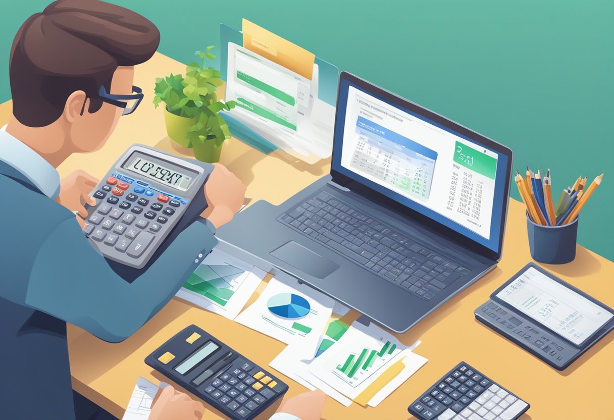 A person sitting at a desk with a calculator and paperwork, calculating loan payments. An open laptop displays a loan calculator tool