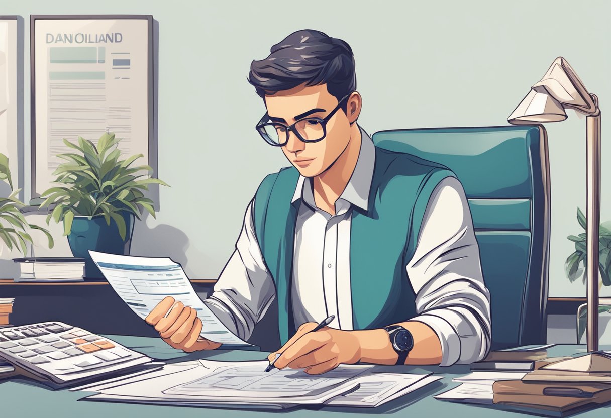 A person sitting at a desk with a calculator and financial documents, looking focused and determined while calculating a personal loan