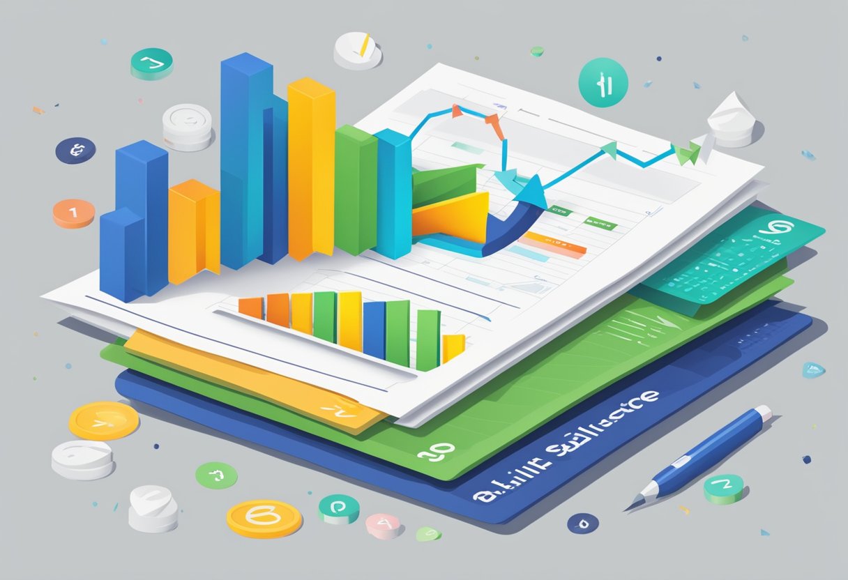 A stack of bills and a credit score chart with arrows pointing upwards