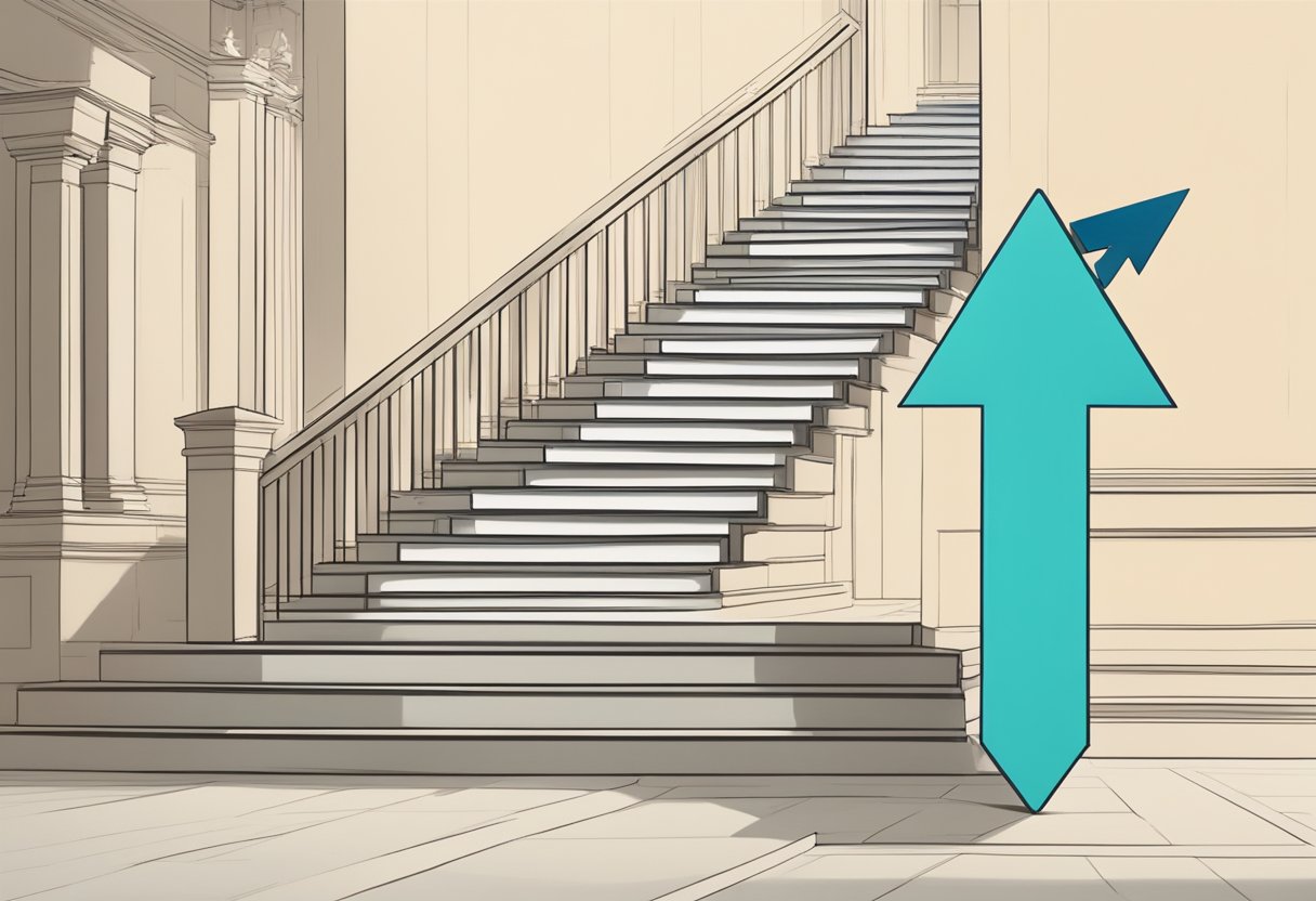 A staircase with a large arrow pointing upward, representing the step-by-step process of improving a FICO score