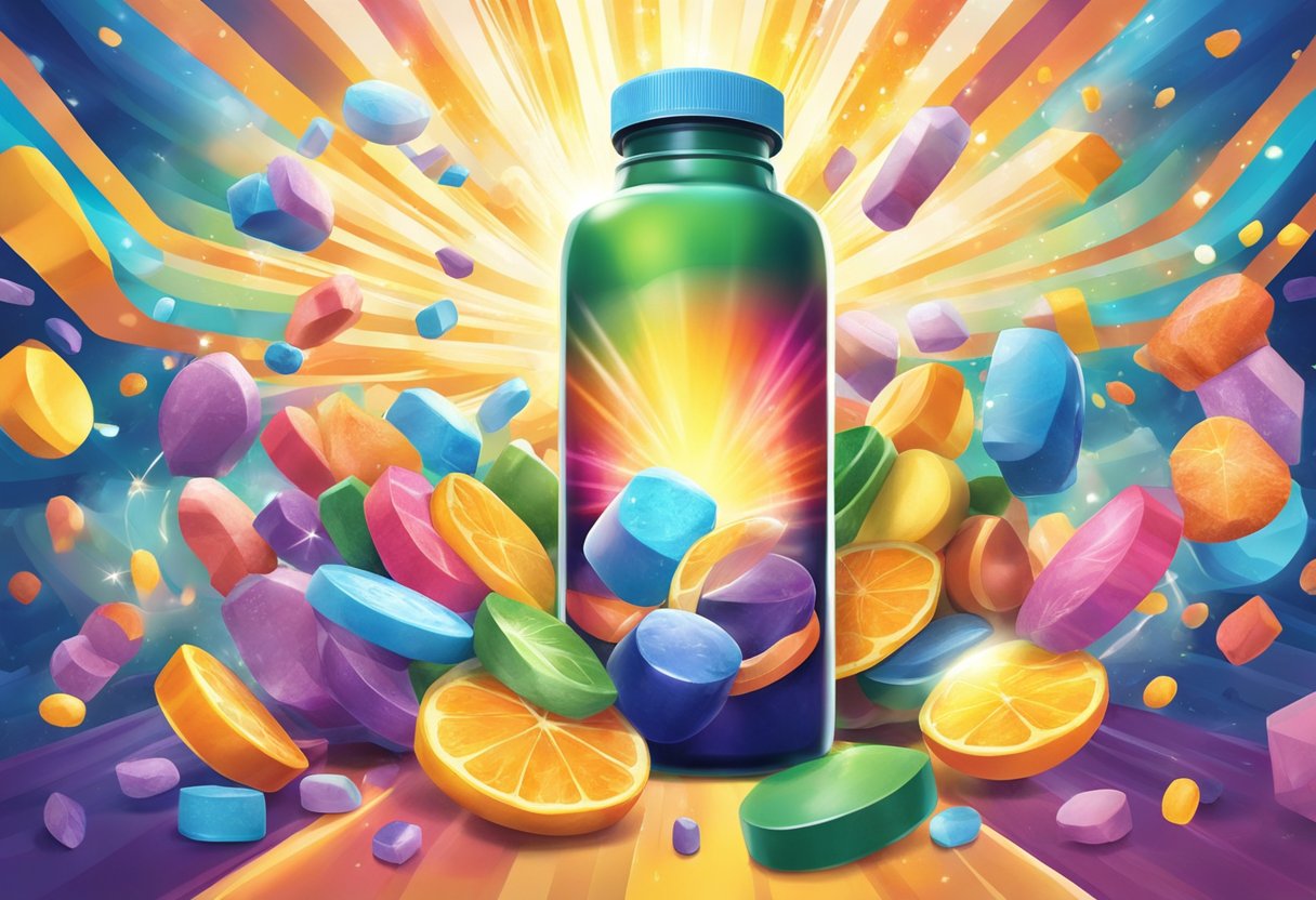 A colorful bottle of supplements surrounded by vibrant, uplifting imagery, with rays of light emanating from it